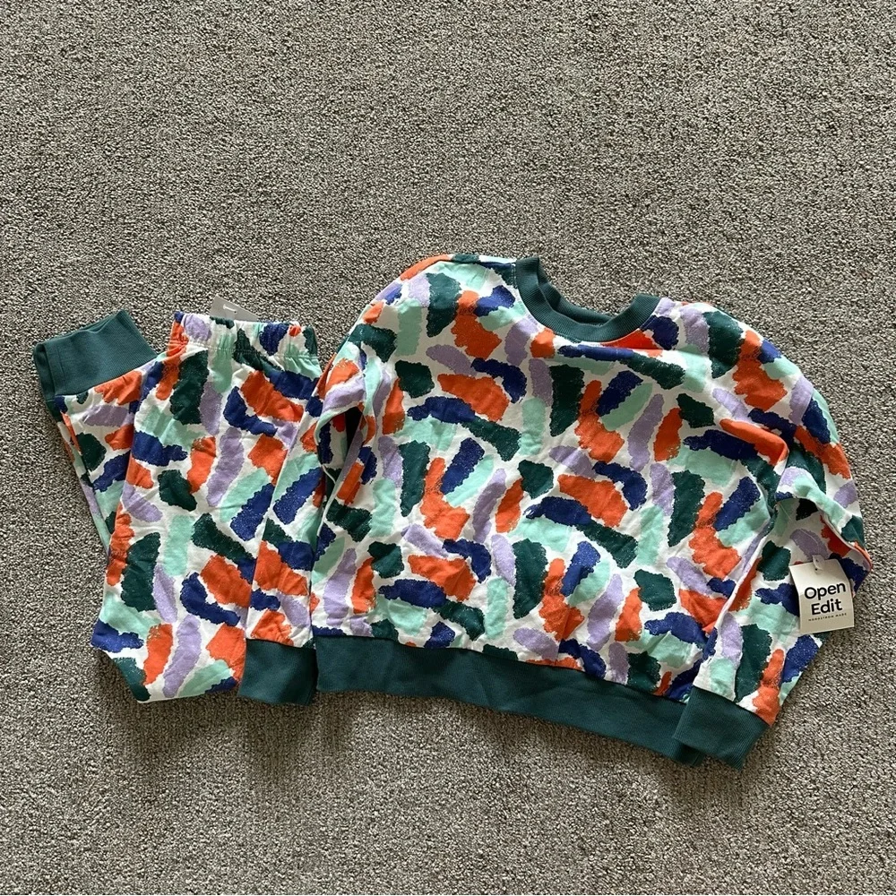 Open Edit Kid's 7 Ivory Cloud Teal Crayon Camo Long‎ Sleeve Crew Neck & Pants